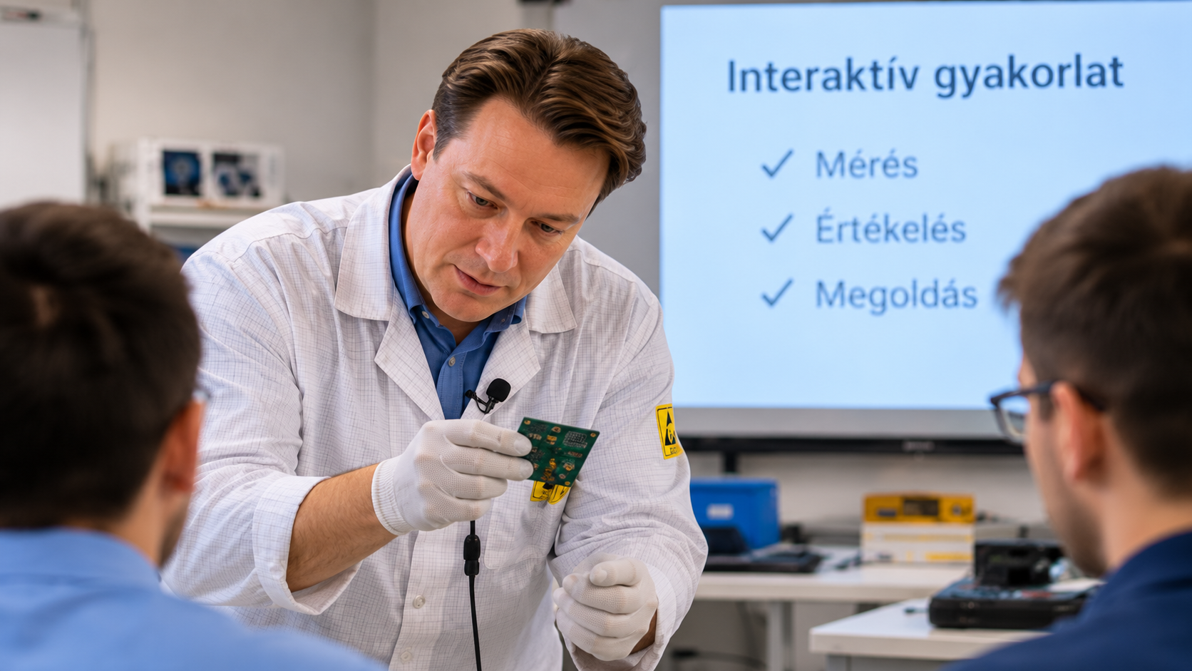 Interaktív áramköri gyakorlat: oktató és résztvevők a laborban
